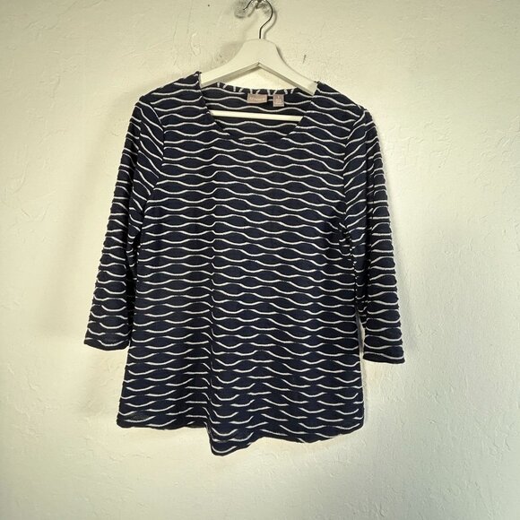 Chico's Womens Navy White Metallic Wave Pattern Three-Quarter Sleeve Top Size 1 - Picture 1 of 8